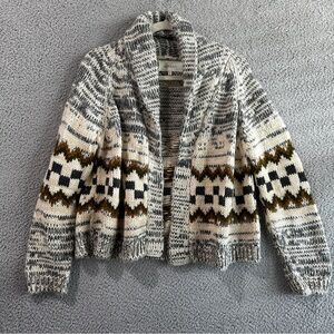 THE GREAT. Geo Check Lodge Sweater Open Cardigan Marled Grey